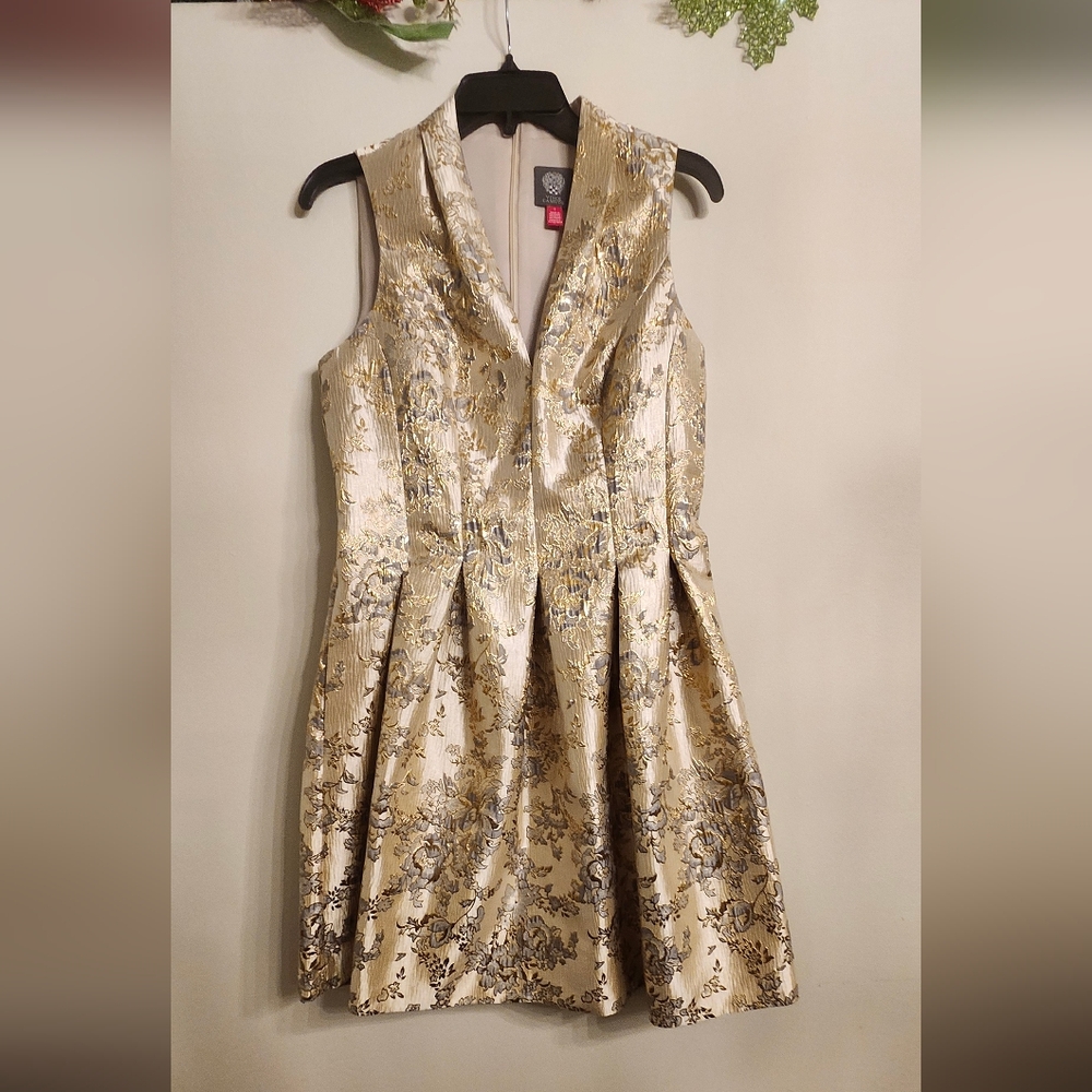 Vince Camuto Gold and Cream Brocade Fit-and-Flare Dress